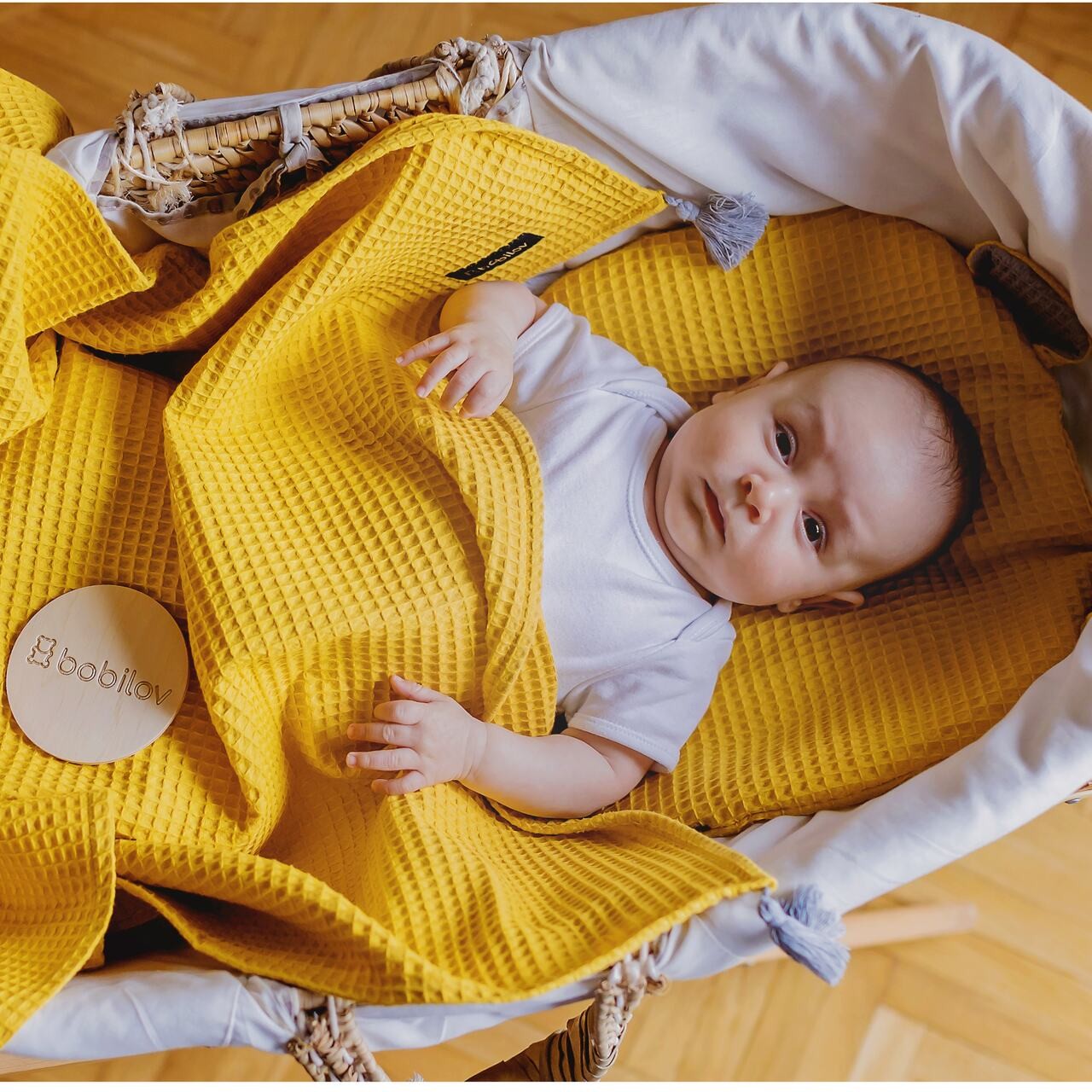 Bio Baby Baumwollwickeldecke mit Fransen Waffelstruktur Gelb