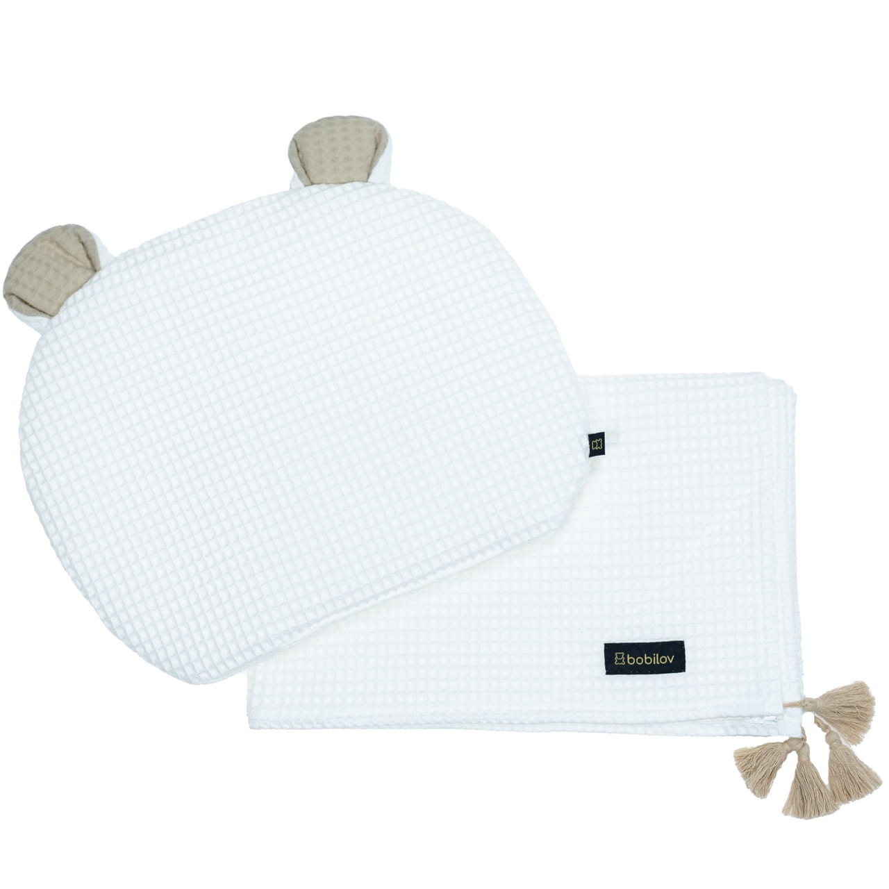 Bettwäsche Set Babydecke mit Fransen und Kissen mit Bärenohren Weiss Bobilov 
