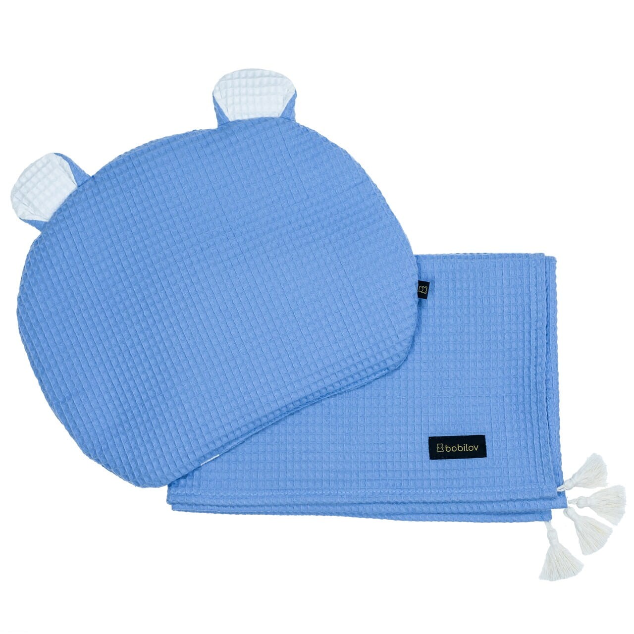 Bettwäsche Set Babydecke mit Fransen und Kissen mit Bärenohren Blau Bobilov 