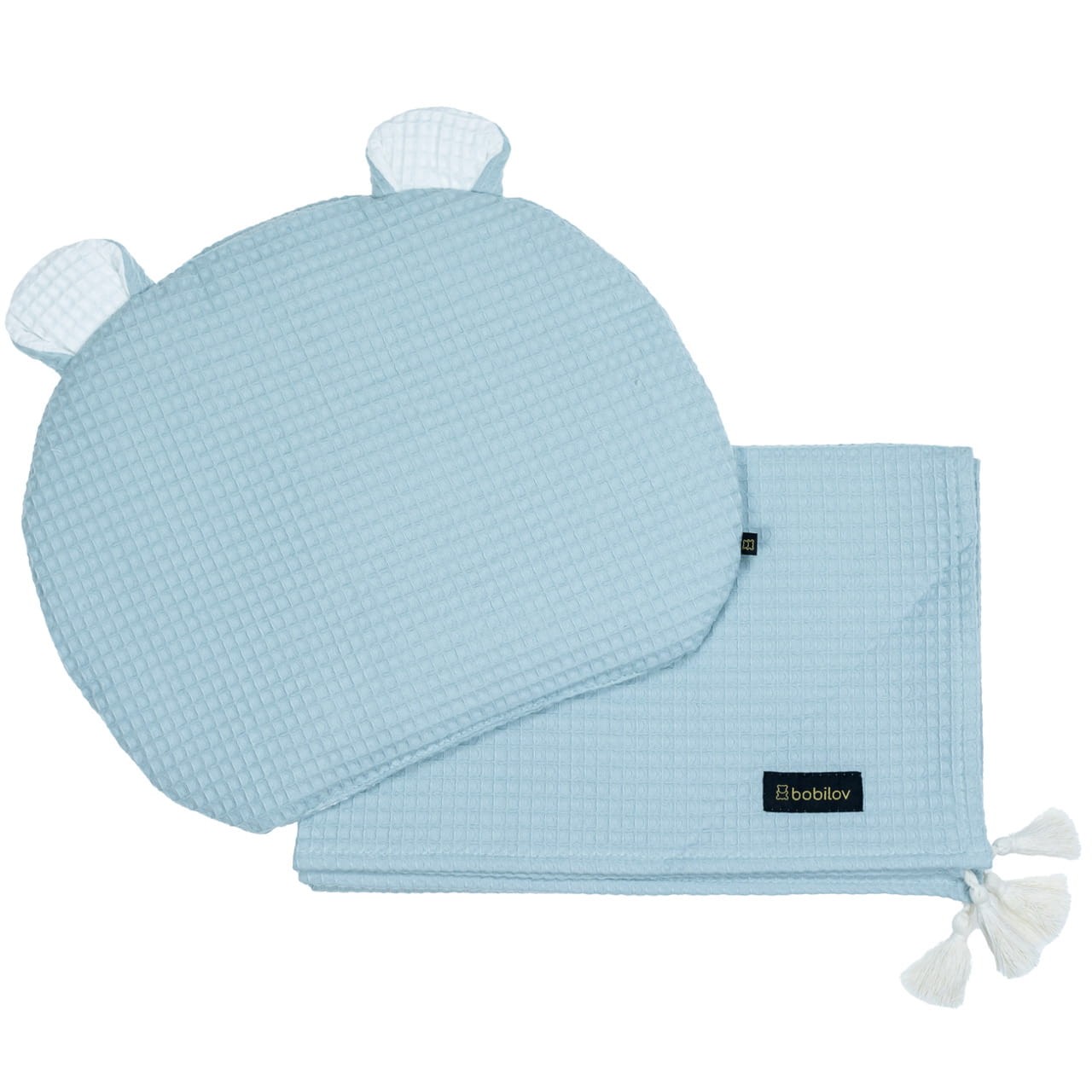 Bettwäsche Set Babydecke mit Fransen und Kissen mit Bärenohren Minze Bobilov 