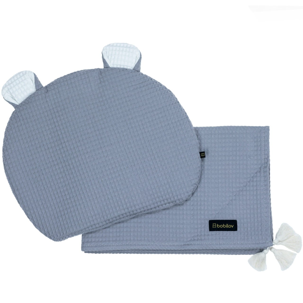 Bettwäsche Set Babydecke Tagesdecke mit Fransen und Kissen mit Bärenohren Grau Bobilov 