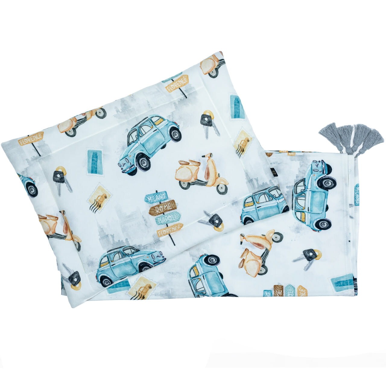 Flaches Bambus Kissen und Wickeltuch mit Fransen Set Wagen Bobilov