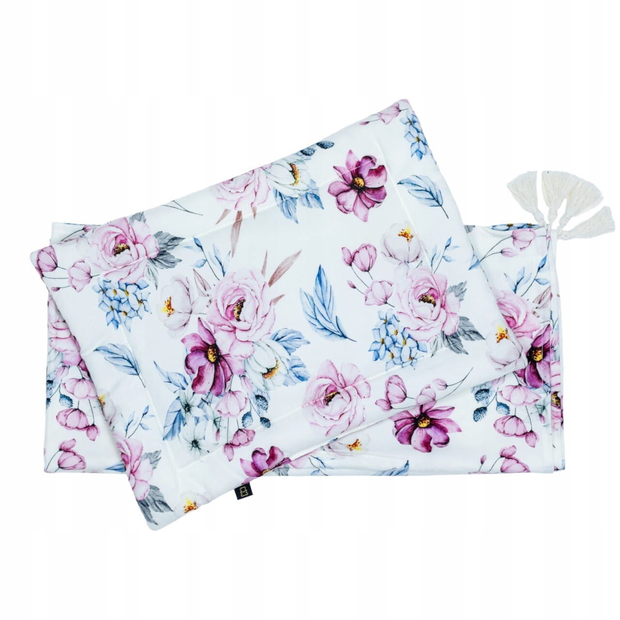 Flaches Bambus Kissen und Wickeltuch mit Fransen Set Blumen Bobilov (1)