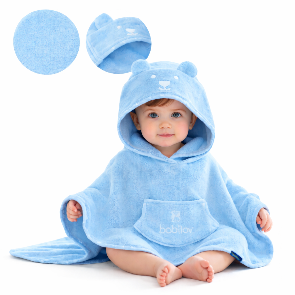Baby Frottee Baumwolle Badeponcho mit Tasche 70x60cm Blau BOBILOV