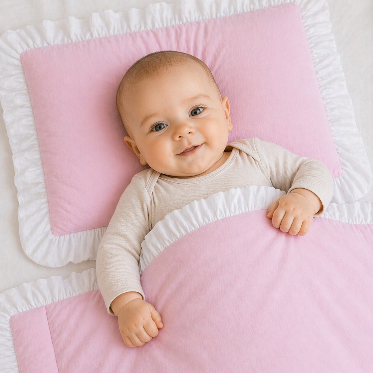 Premium Baumwolle Baby Bettdecke und Kissen mit Rüsche und Füllung Set Rosa BOBILOV