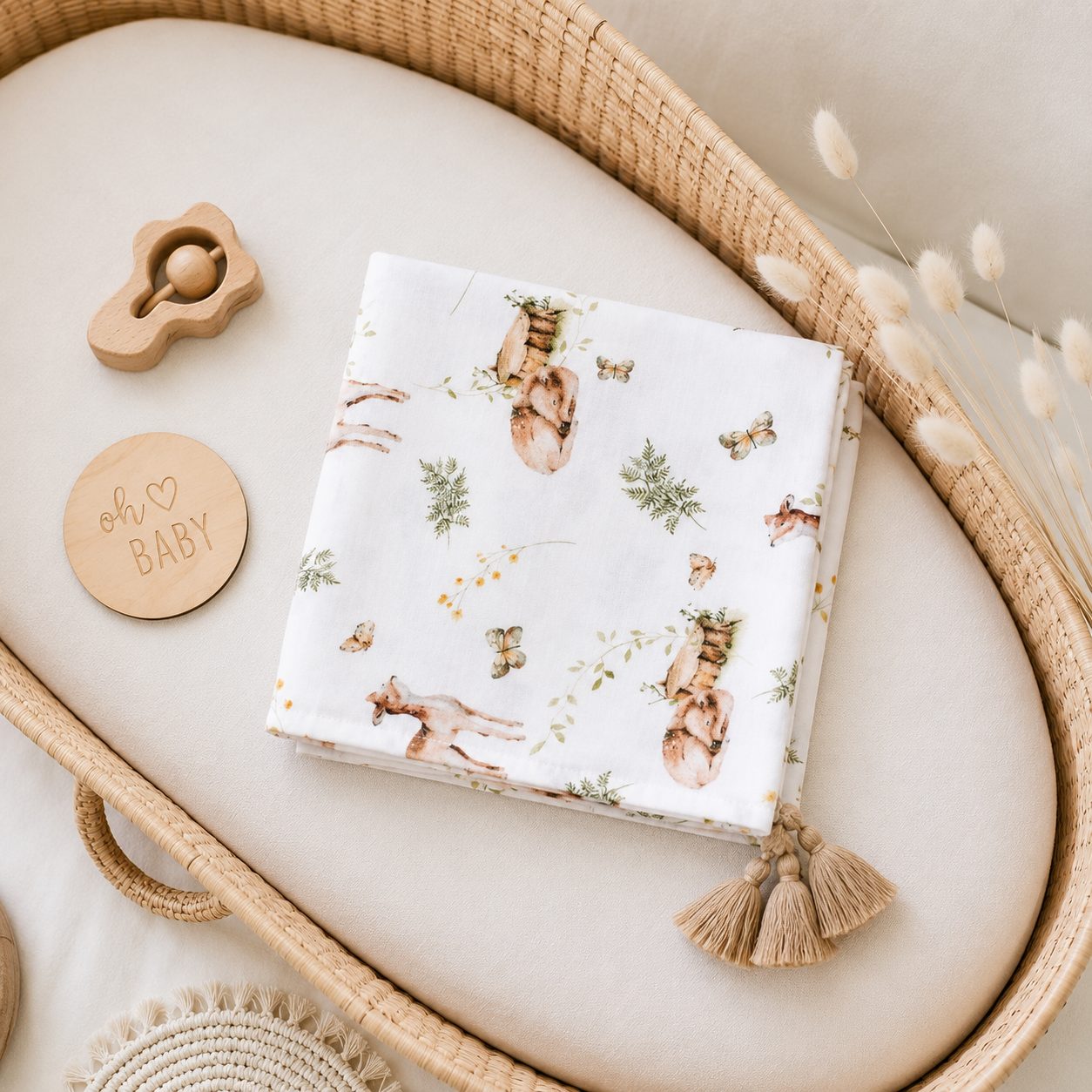 Bio Baby Bambuswickel mit Fransen Rehkitze Premium Organic Collection BOBILOV