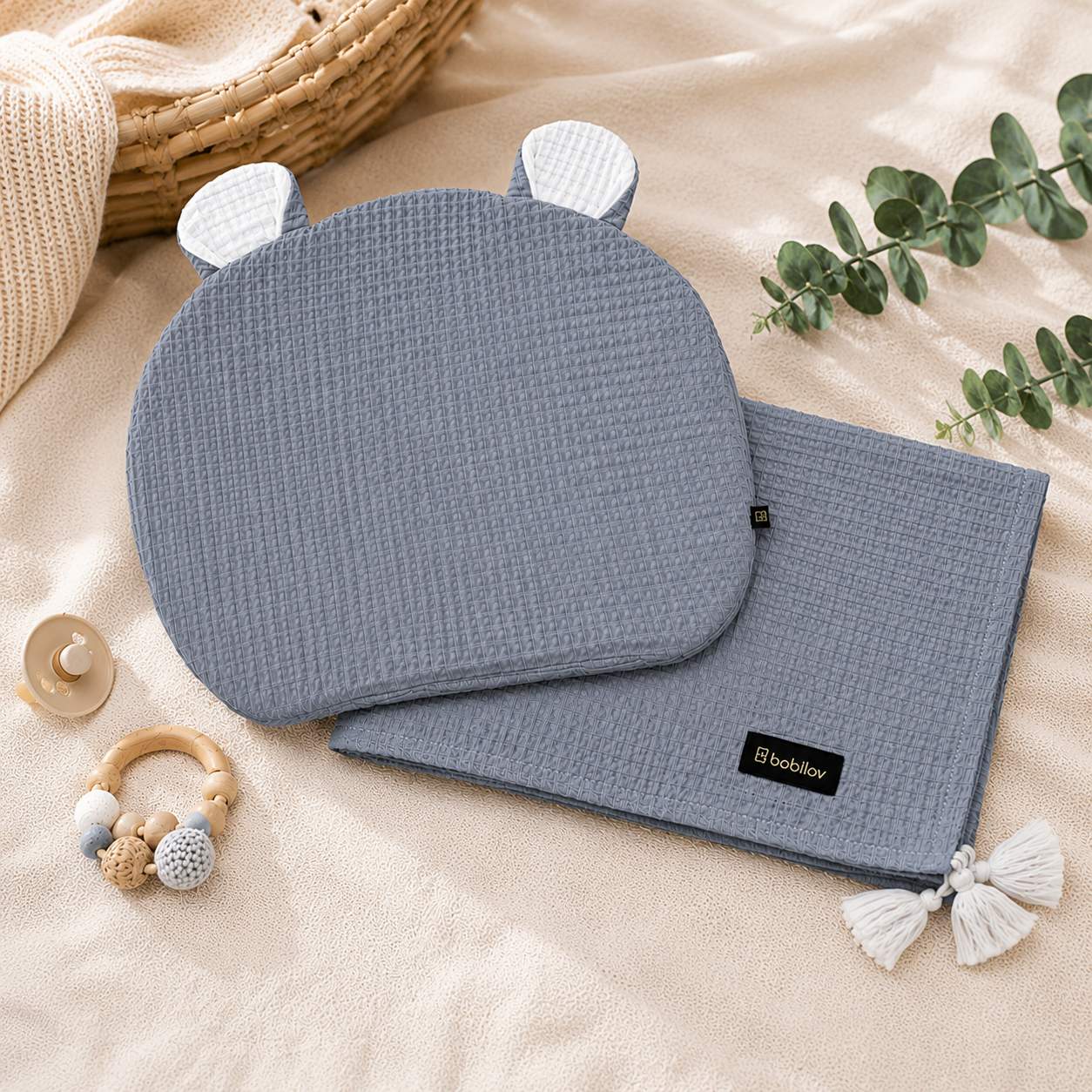 Bettwäsche Set Babydecke Tagesdecke mit Fransen und Kissen mit Bärenohren Grau Bobilov 